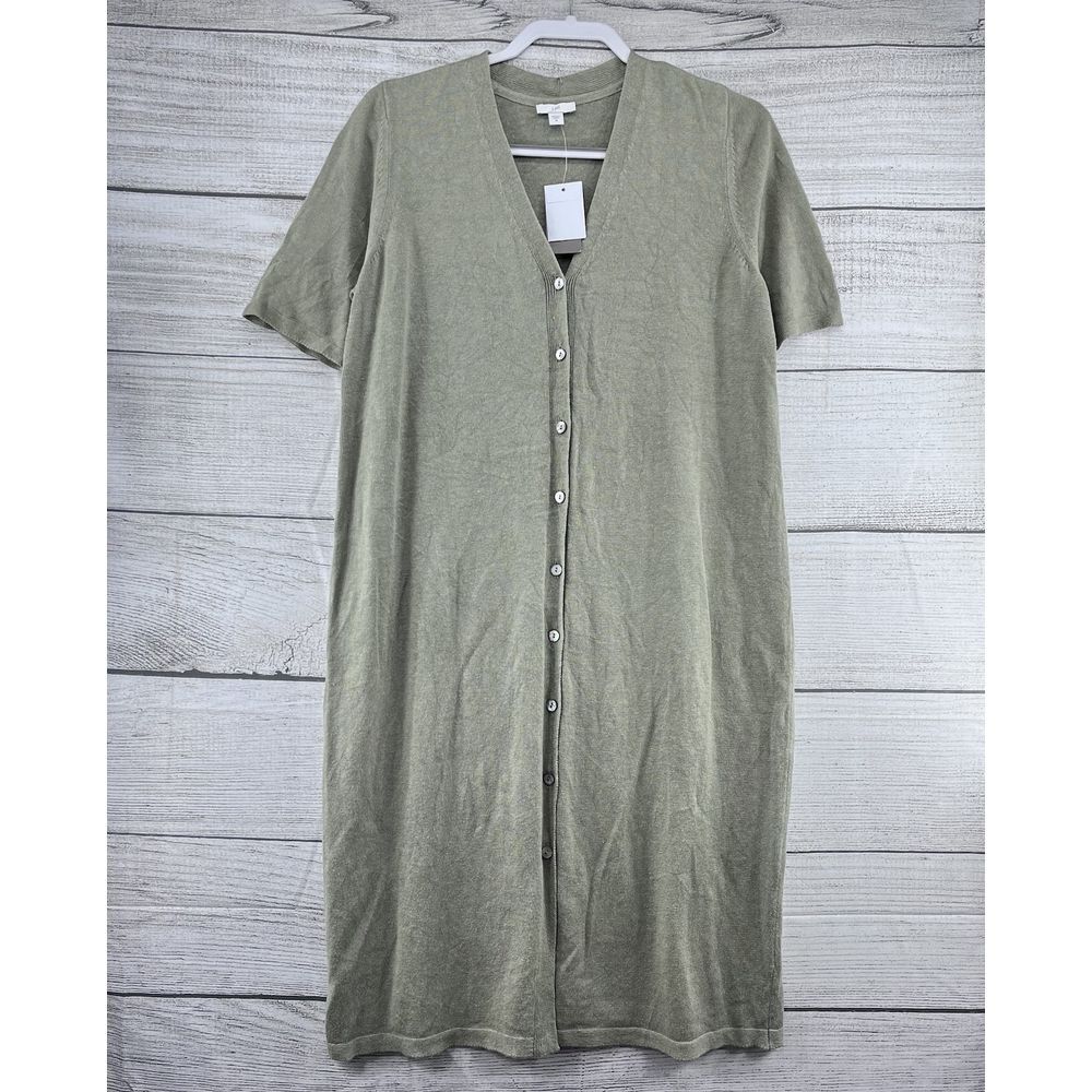 NWT J. JILL Sage Green‎ Linen Blend Knit Midi Button Up Dress Short Sleeve Sz M